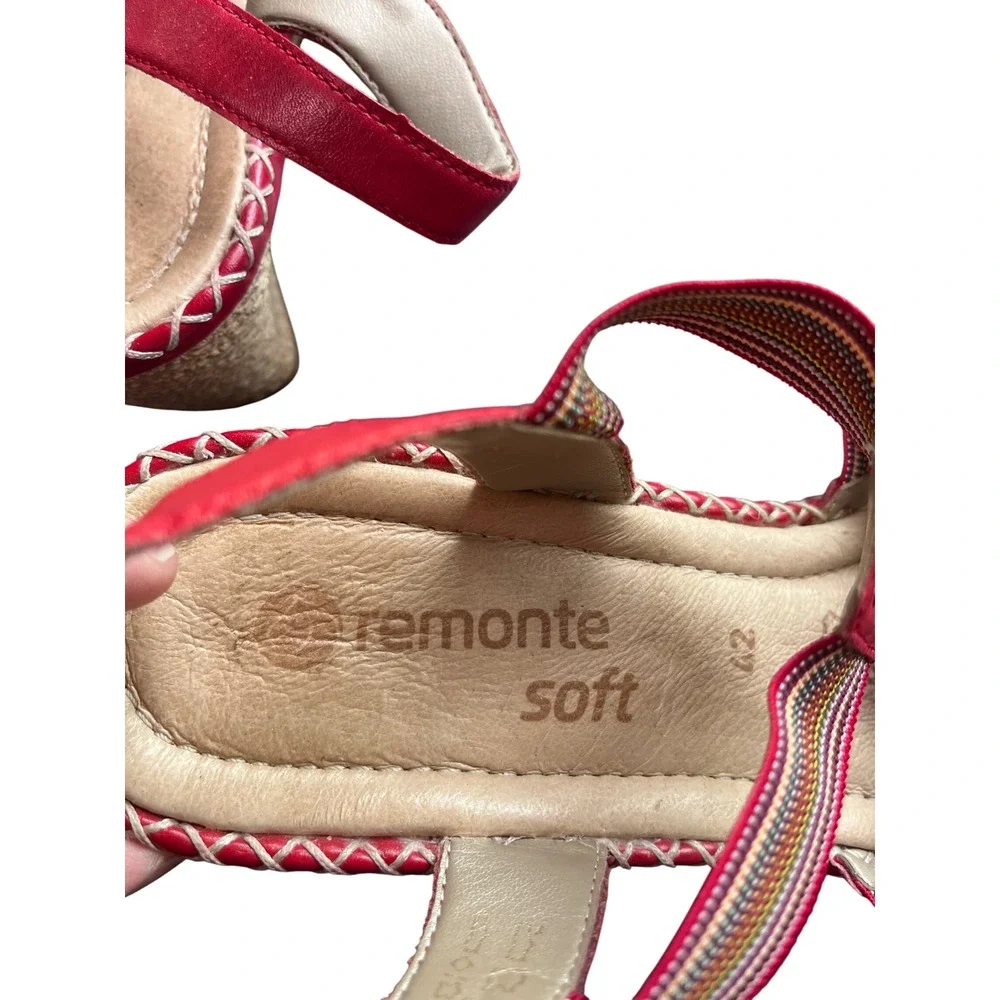Remonte Soft Red Leather Wedge Sandals Laser Cut Elastic Straps Womens 42 US 10
